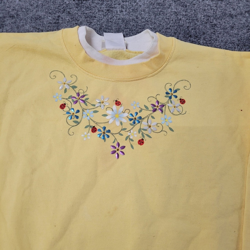 Top Stitch Sweatshirt Womens XL Yellow Floral Ladybug Double Collar Graphic Good